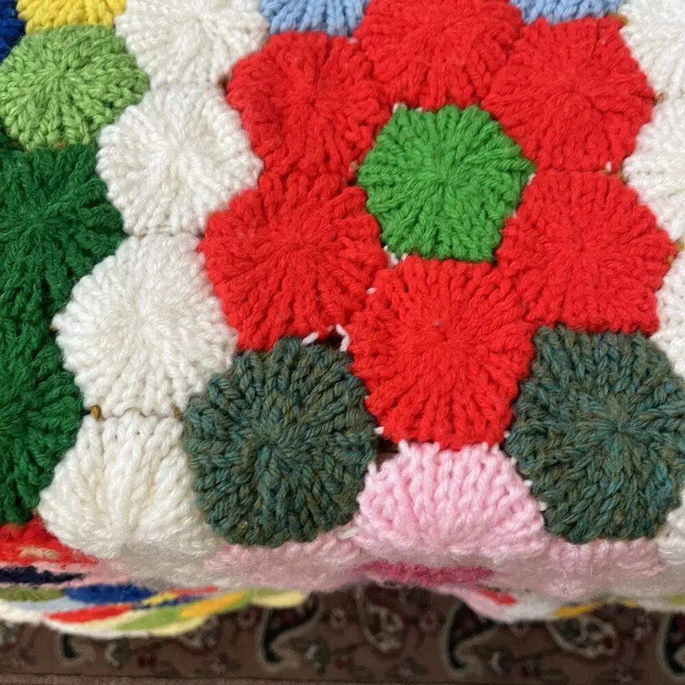 Vintage Grandmother's Flower Garden Crochet Afghan Blanket 79” x 84” Thick